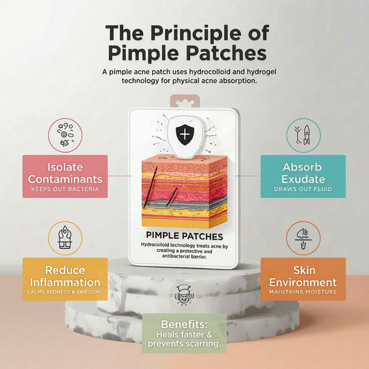 Pimple patch packaging with text explaining the principle and benefits on a light background