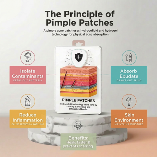 Pimple patch packaging with text explaining the principle and benefits on a light background