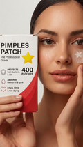 Woman applying a pimple patch with a box of 400 patches in the background
