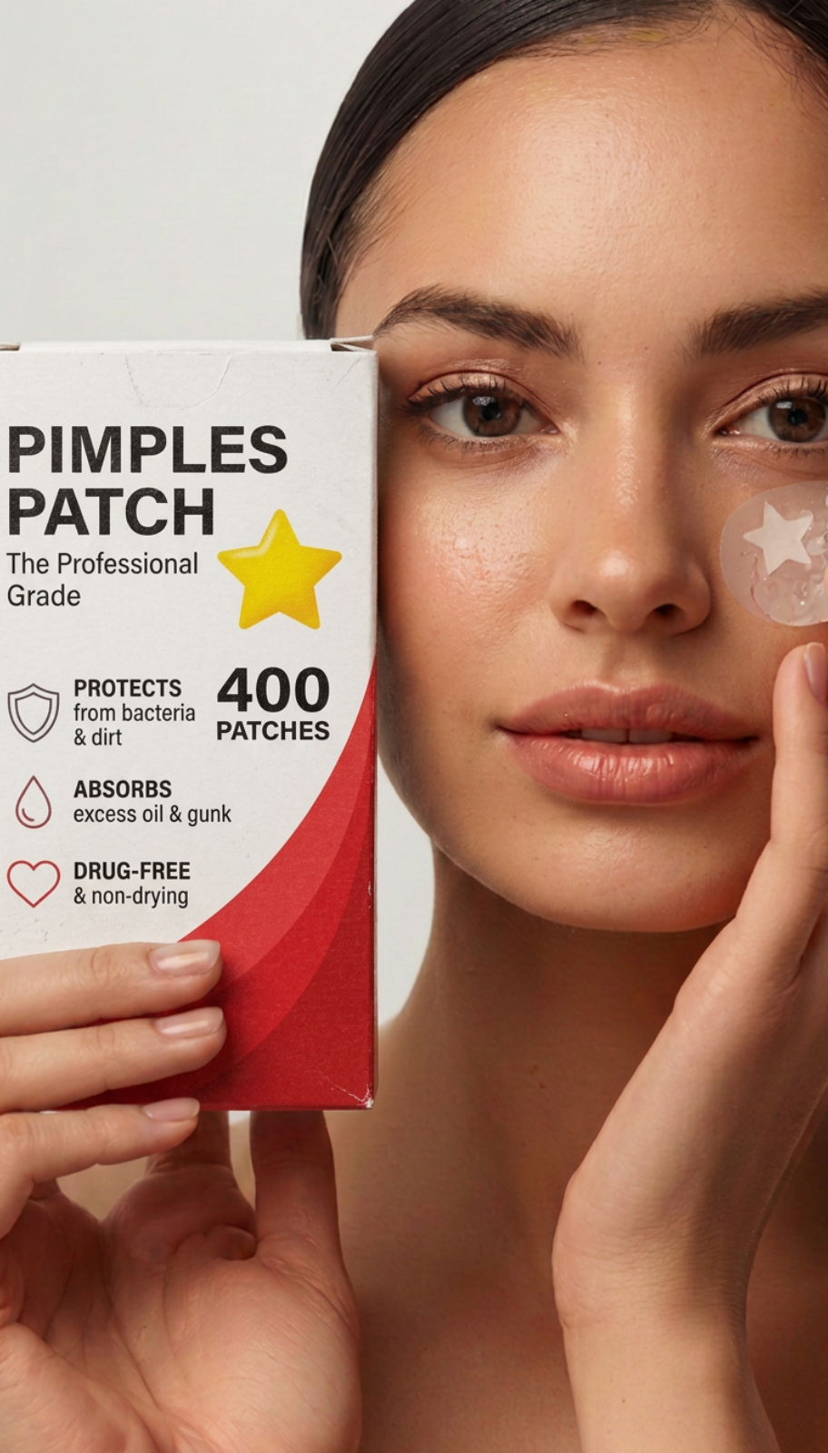 Woman applying a pimple patch with a box of 400 patches in the background