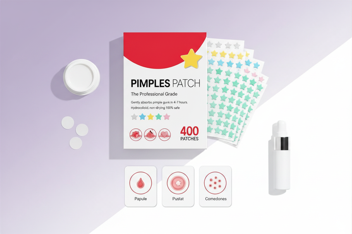 Pimple patch packaging with patches and a bottle on a light purple background